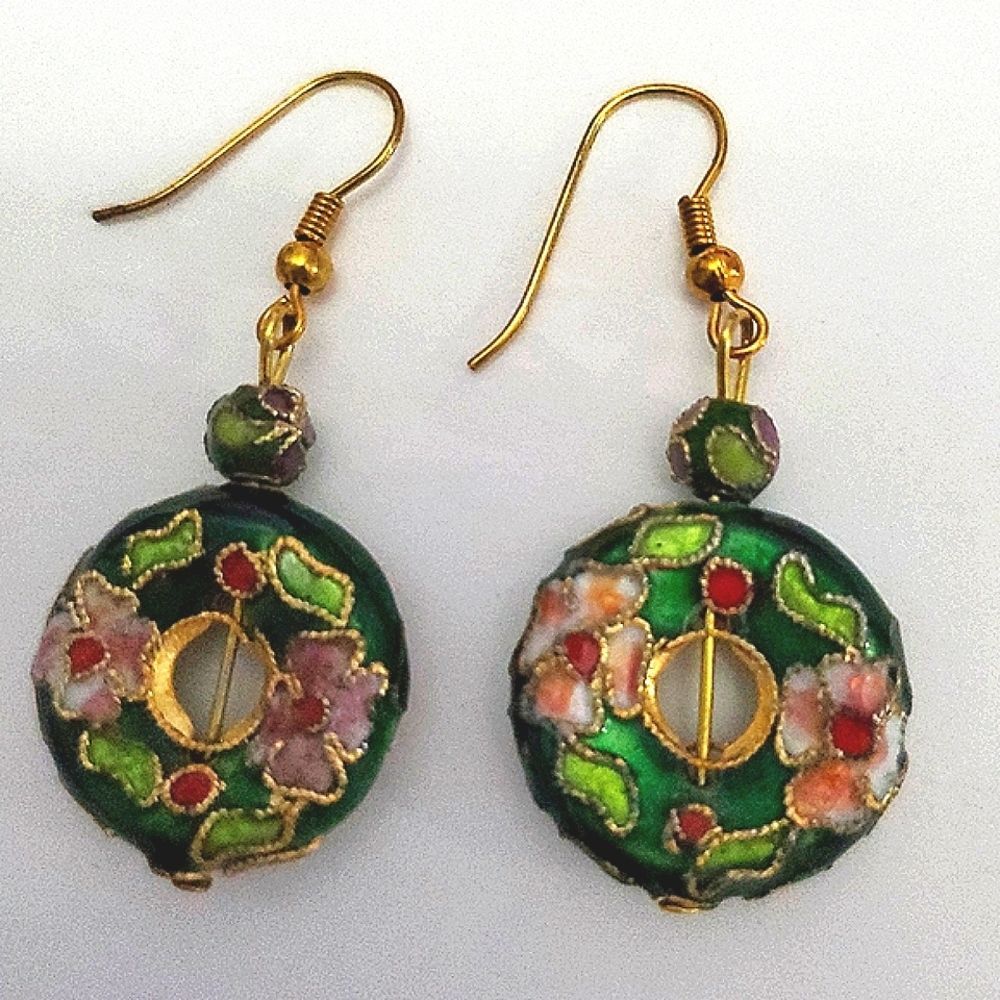 Dark Green Hand Painted Cherry Blossom Asian Artisan Dangling Drop Earrings